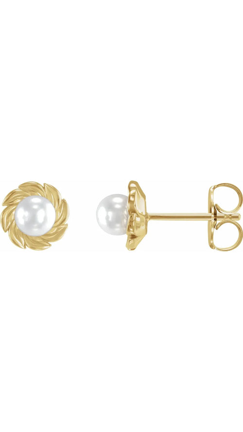14K Yellow Cultured White Akoya Pearl Leaf Earrings