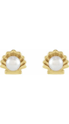 14K Yellow Cultured White Seed Pearl Shell Earrings