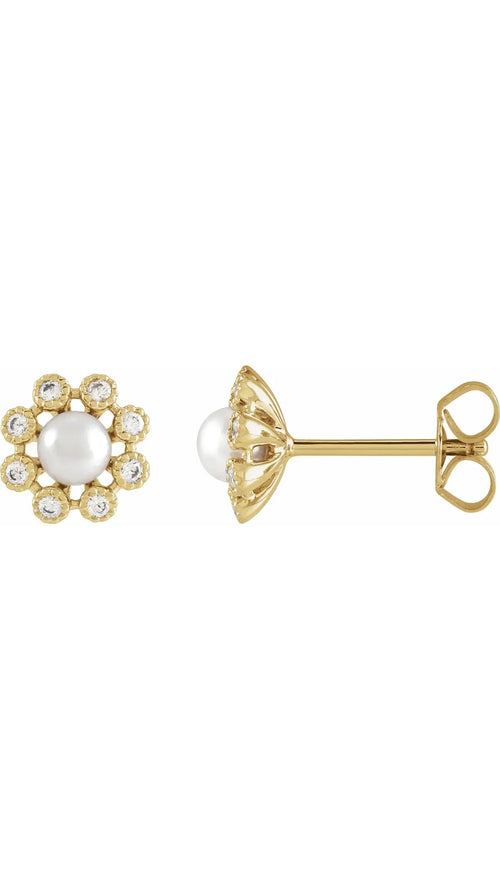 14K Yellow Cultured White Freshwater Pearl & 1/8 CTW Natural Diamond Earrings