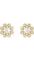 14K Yellow Cultured White Freshwater Pearl & 1/8 CTW Natural Diamond Earrings