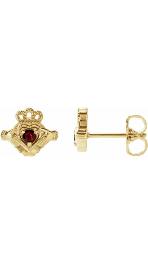 14K Yellow Natural Mozambique Garnet Claddagh Earrings