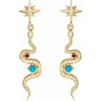14K Yellow Natural Turquoise & Natural Ruby Snake Earrings