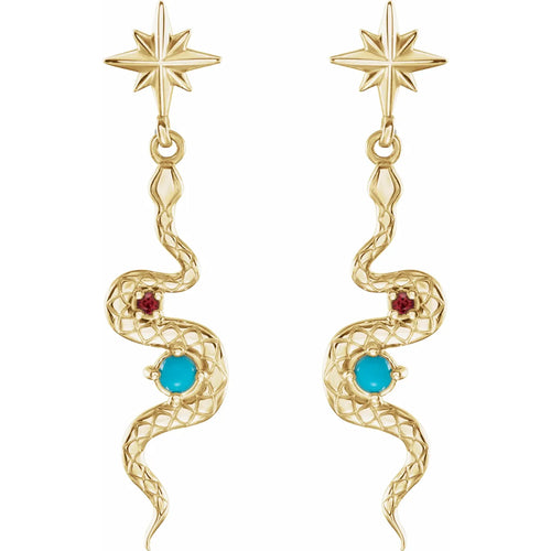 14K Yellow Natural Turquoise & Natural Ruby Snake Earrings