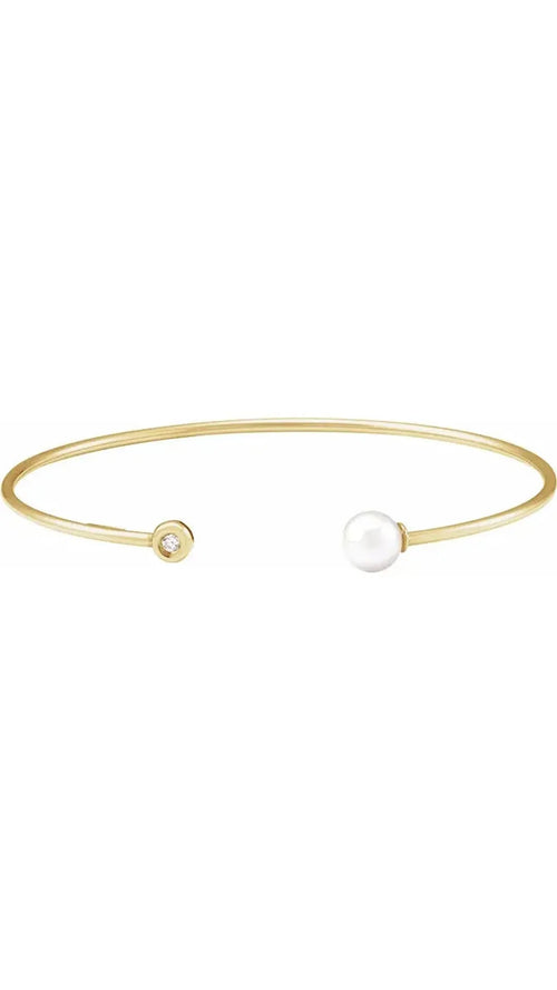 14K Yellow Cultured White Freshwater Pearl & .03 CT Natural Diamond Cuff Bracelet