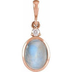 14K Rose 5x3 mm Natural Rainbow Moonstone & .02 CT Natural Diamond Cabochon Pendant