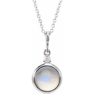 Platinum 6 mm Natural Rainbow Moonstone & .03 CT Natural Diamond Cabochon 16-18" Necklace