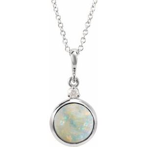 14K White 6 mm Natural White Opal & .03 CT Natural Diamond Cabochon 16-18" Necklace
