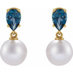 14K Yellow Cultured White Akoya Pearl & Natural London Blue Topaz Earrings