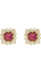 14K Yellow Natural Pink Tourmaline & 1/5 CTW Natural Diamond Halo-Style Earrings