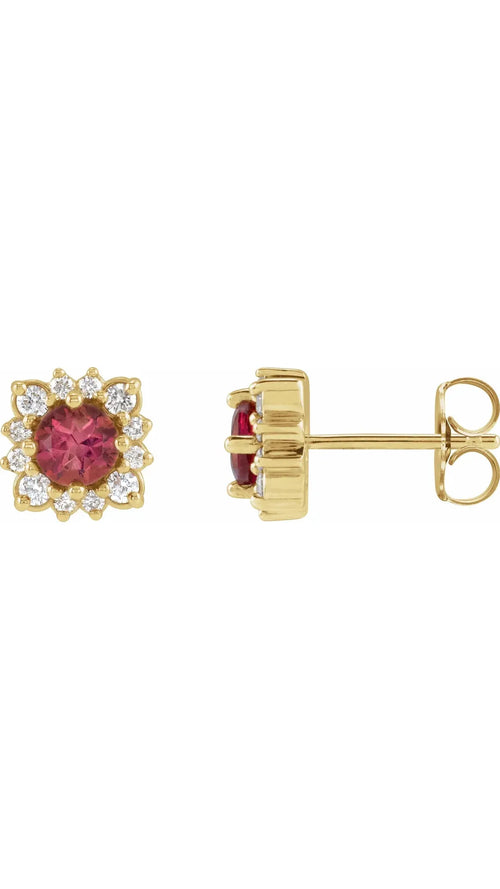 14K Yellow Natural Pink Tourmaline & 1/5 CTW Natural Diamond Halo-Style Earrings