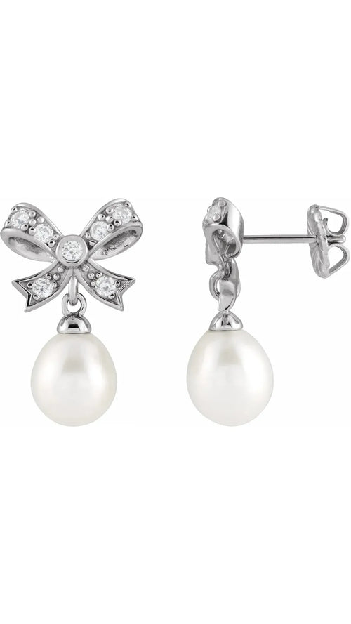 Sterling Silver Cultured White Freshwater Pearl & 3/8 CTW Natural Diamond Earrings