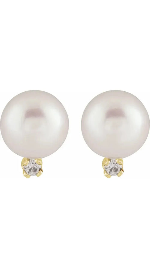 14K Yellow Cultured White Akoya Pearl & .02 CTW Natural Diamond Earrings