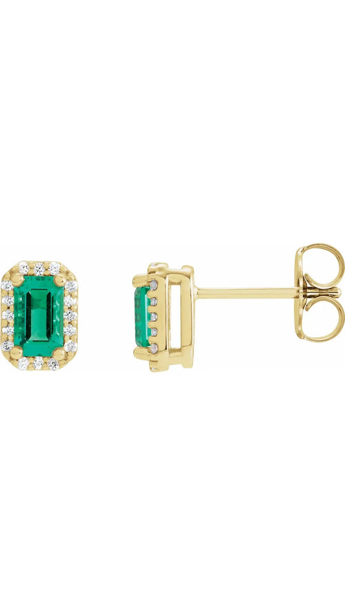 14K Yellow Lab-Grown Emerald & .07 CTW Natural Diamond Halo-Style Earrings