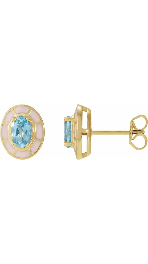 14K Yellow Natural Sky Blue Topaz & White Enamel Stud Earrings