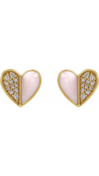 14K Yellow 1/10 Natural Diamond & Pink Enamel Heart Earrings