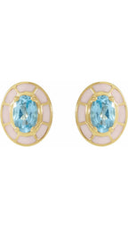14K Yellow Natural Sky Blue Topaz & White Enamel Stud Earrings