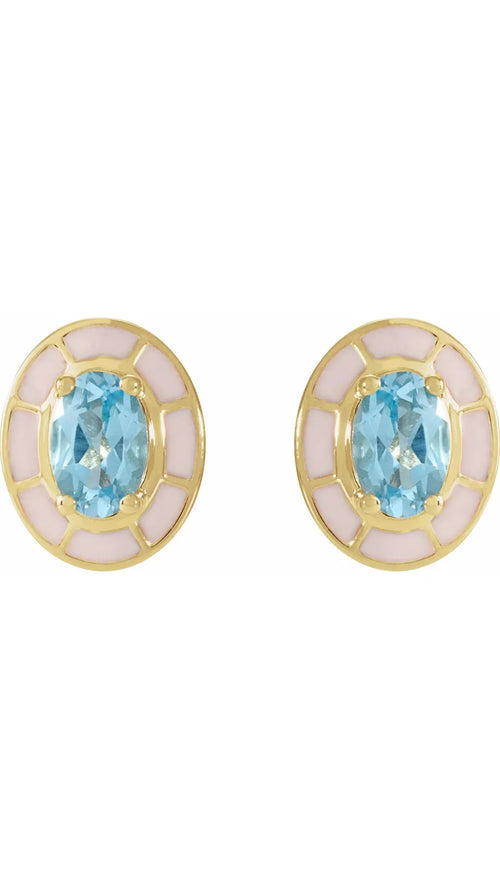 14K Yellow Natural Sky Blue Topaz & White Enamel Stud Earrings