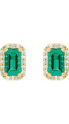 14K Yellow Lab-Grown Emerald & .07 CTW Natural Diamond Halo-Style Earrings
