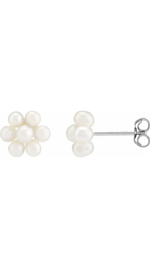 14K White Cultured White Freshwater Pearl Flower Earrings