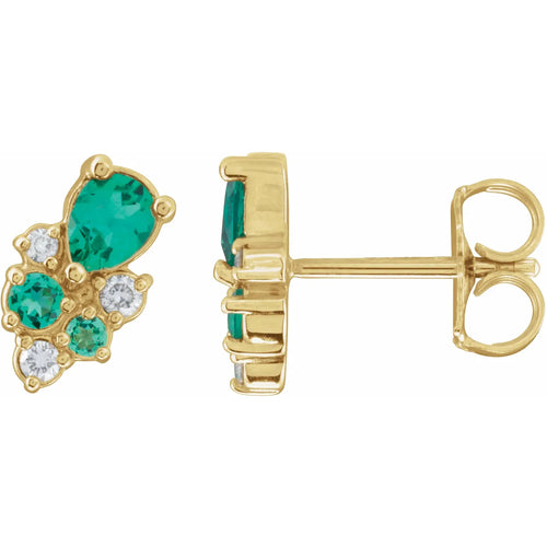 14K Yellow Lab-Grown Emerald & 1/10 CTW Lab-Grown Diamond Cluster Earrings
