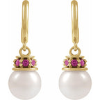 14K Yellow Cultured White Freshwater Pearl & Natural Pink Tourmaline Hoop Earrings