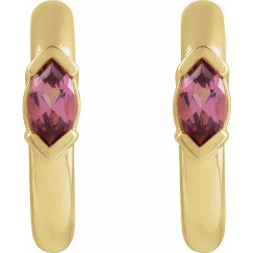 14K Yellow Natural Pink Tourmaline Hoop Earrings