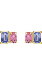 14K Yellow Natural Tanzanite & Natural Pink Tourmaline Two-Stone Stud Earrings