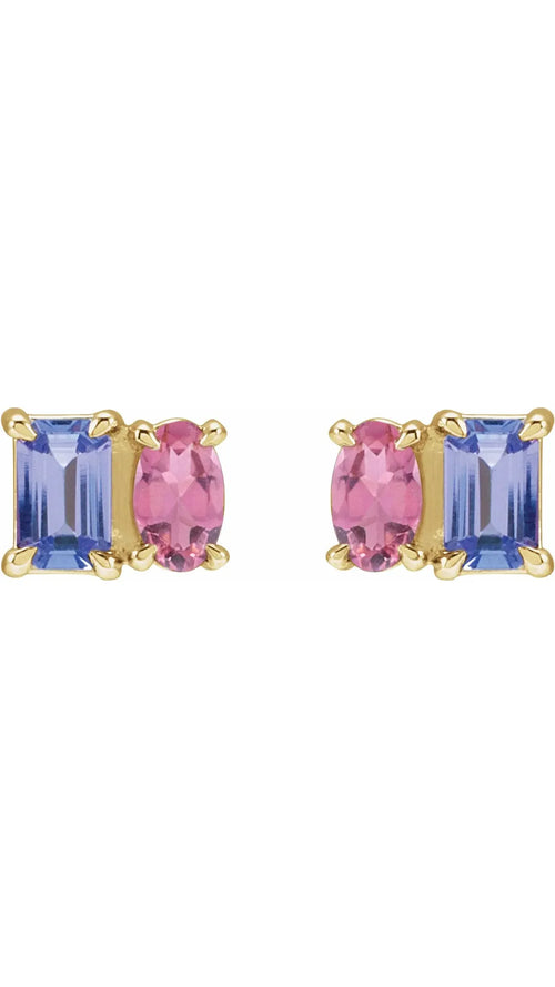 14K Yellow Natural Tanzanite & Natural Pink Tourmaline Two-Stone Stud Earrings