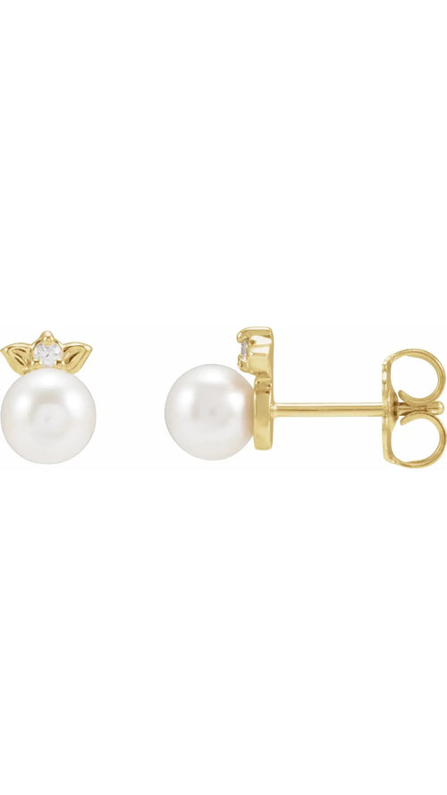 14K Yellow Cultured Akoya Pearl & .03 CTW Natural Diamond Floral Earrings