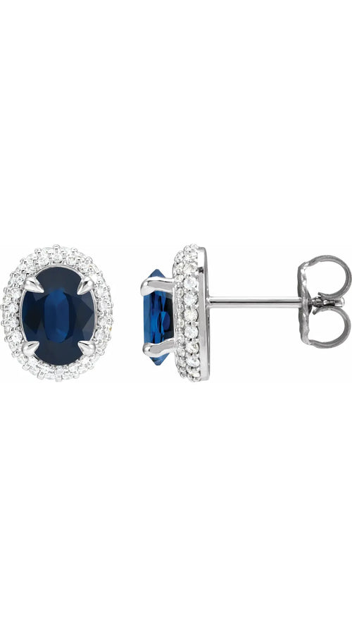 14K White Natural Blue Sapphire & 1/2 CTW Natural Diamond Double Halo-Style Earrings