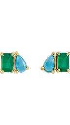 14K Yellow Lab-Grown Emerald & Natural Turquoise Two-Stone Stud Earrings