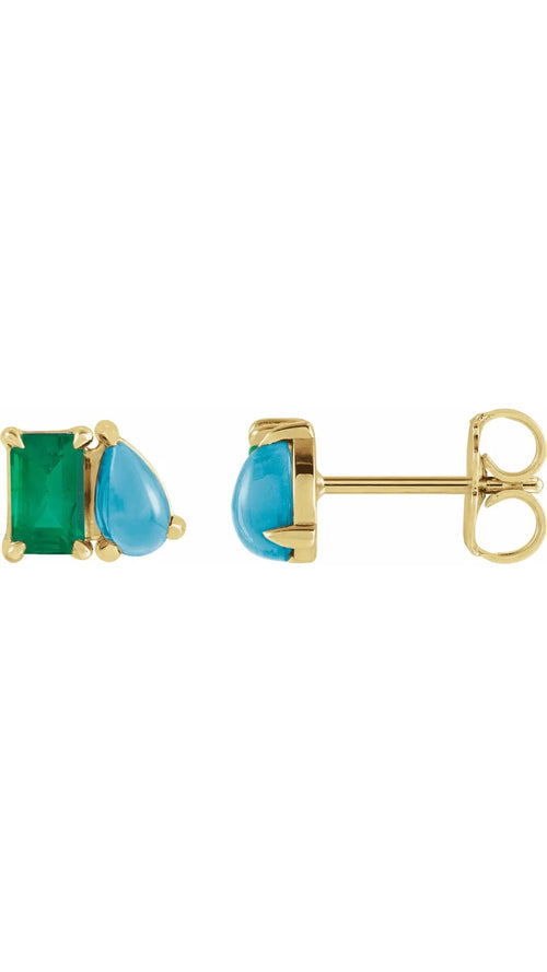 14K Yellow Lab-Grown Emerald & Natural Turquoise Two-Stone Stud Earrings