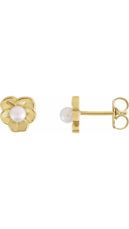 14K Yellow Cultured Seed Pearl Floral Earrings