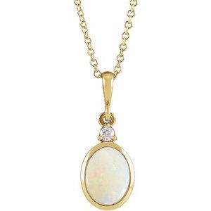 14K Yellow 5x3 mm Natural White Opal & .03 CT Natural Diamond 16-18" Necklace