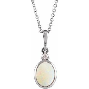 14K White 10x8 mm Natural White Opal & .03 CT Natural Diamond 16-18" Necklace