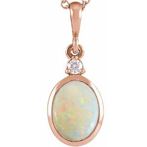14K Rose 9x7 mm Natural White Opal & .03 CT Natural Diamond Cabochon Pendant