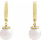 14K Yellow Cultured White Akoya Pearl & .07 CTW Natural Diamond Hinged 14.2 mm Hoop Earrings