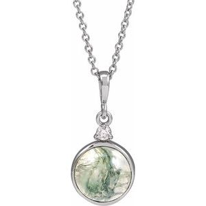 Sterling Silver 8 mm Natural Moss Agate & .03 CTW Natural Diamond 16-18" Necklace