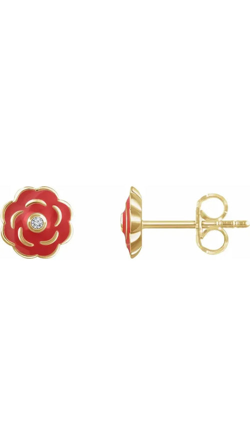 10K Yellow .01 CTW Natural Diamond Enamel Flower Earrings
