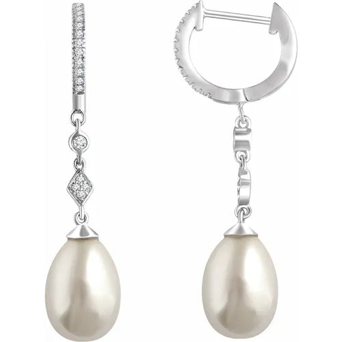 14K White Cultured White Freshwater Pearl & 1/6 CTW Natural Diamond Earrings