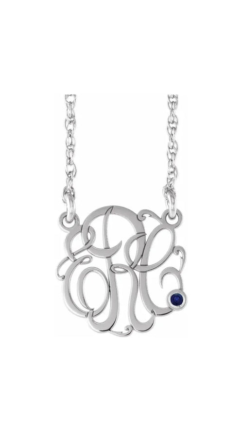 10K White Imitation Diamond 3 initials Script 20 mm Monogram 18" Necklace