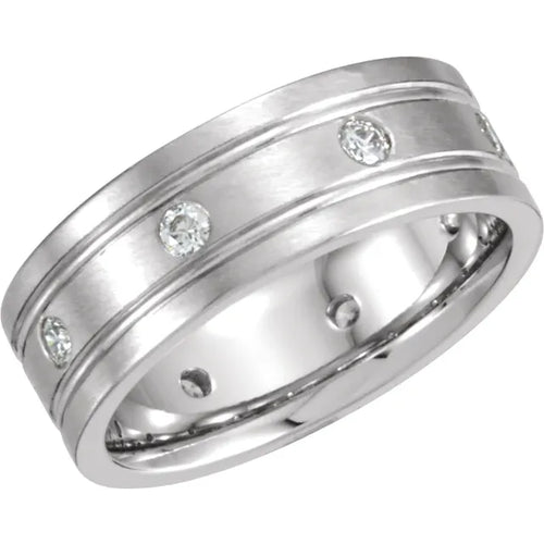 14K White 1/2 CTW Natural Diamond Grooved 8 mm Band Size 10