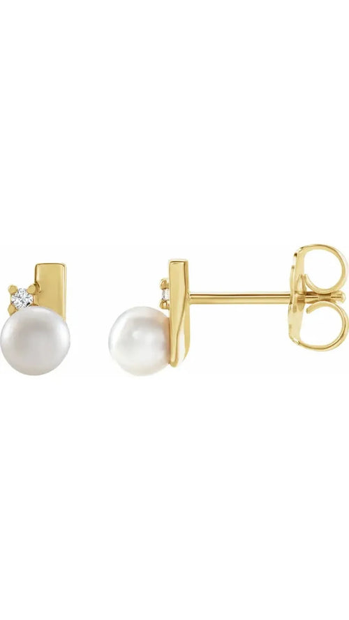 14K Yellow Cultured White Akoya Pearl & .03 CTW Natural Diamond Geometric Earrings