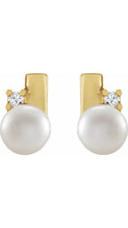 14K Yellow Cultured White Akoya Pearl & .03 CTW Natural Diamond Geometric Earrings