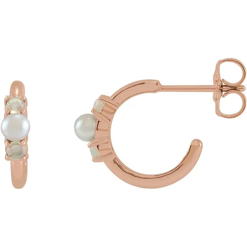 14K Rose Cultured White Seed Pearl & Natural White Ethiopian Opal Huggie Earrings