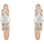 14K Rose Cultured White Seed Pearl & Natural White Ethiopian Opal Huggie Earrings