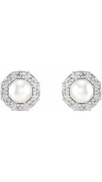 14K White Cultured White Akoya Pearl & .07 CTW Natural Diamond Halo-Style Earrings