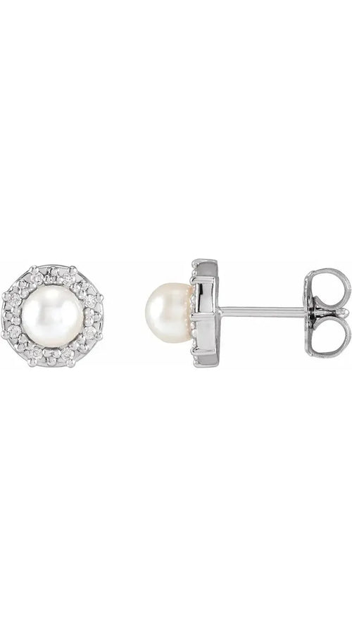 14K White Cultured White Akoya Pearl & .07 CTW Natural Diamond Halo-Style Earrings