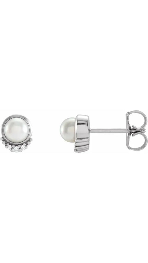 14K White Cultured White Akoya Pearl & .02 CTW Natural Diamond Earrings