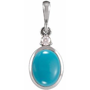 14K White 9x7 mm Natural Turquoise & .03 CT Natural Diamond Cabochon Pendant